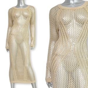 Beige Knit Sweater Dress Sheer Long Sexy Crochet Net Dress M